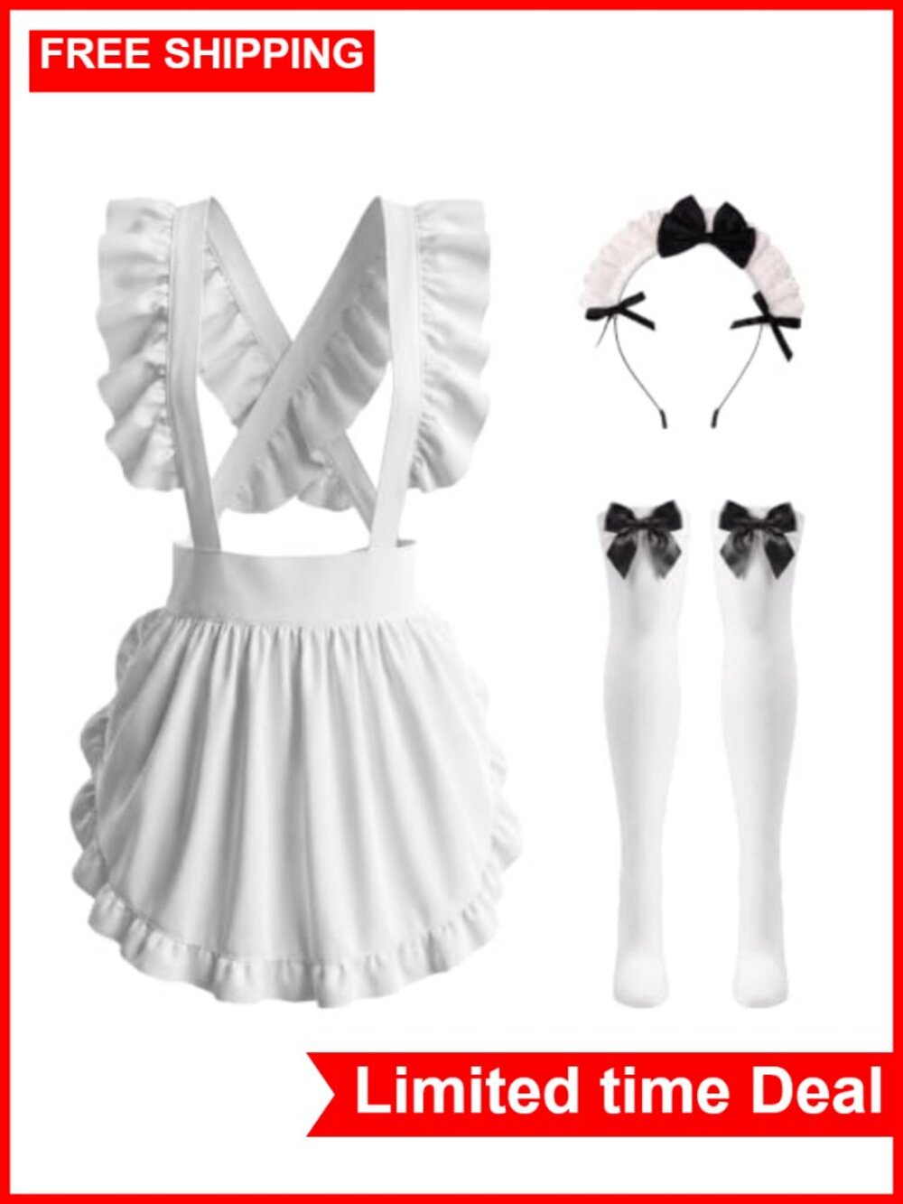 French Maid Costume Set Apron Headpiece Thigh-High Stockings 3 Pcs
